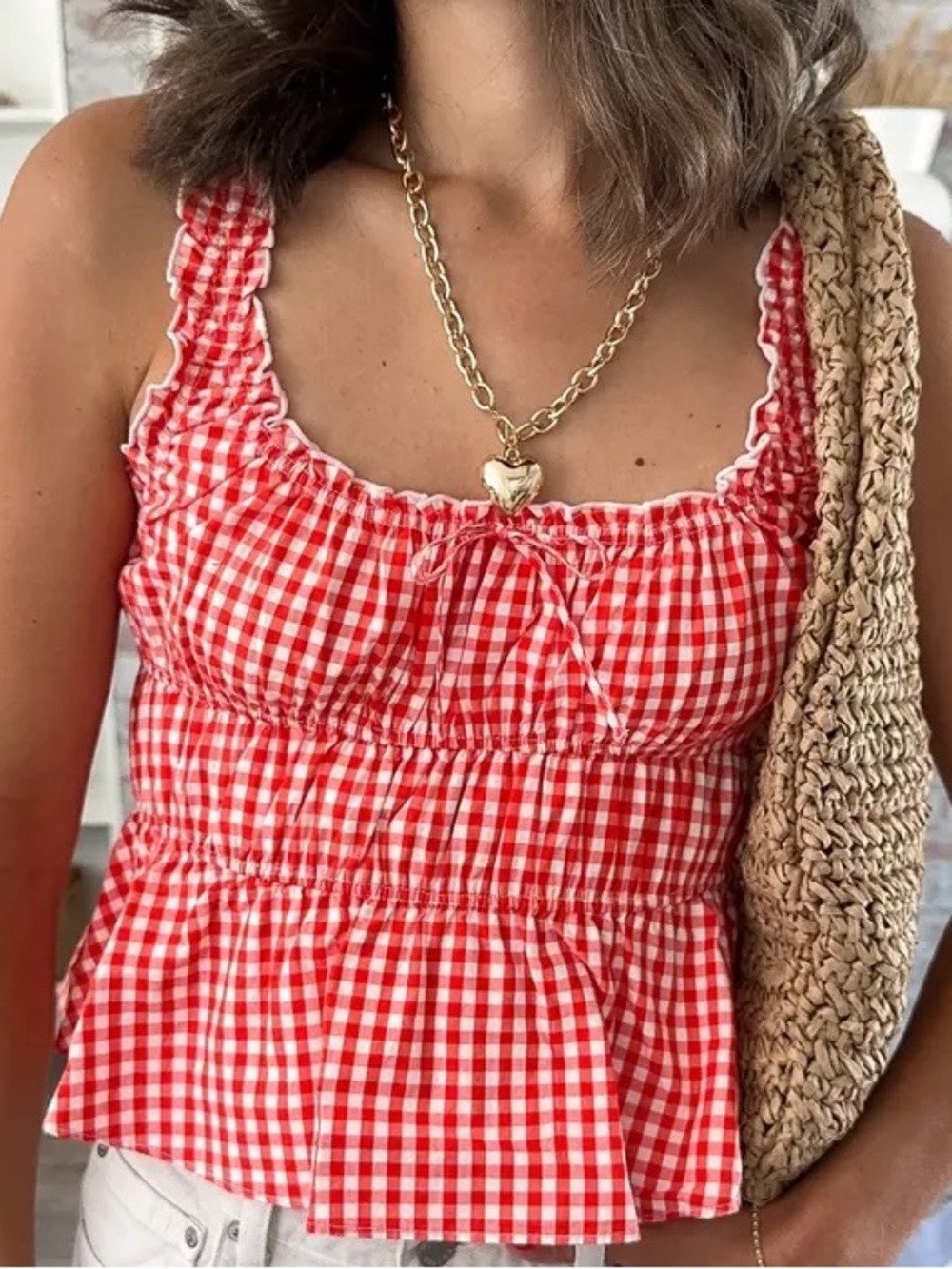 Sunday Best Aritzia Helena Poplin Cotton Red Gingham Ruffle Peplum Tank Top - Picture 3 of 12